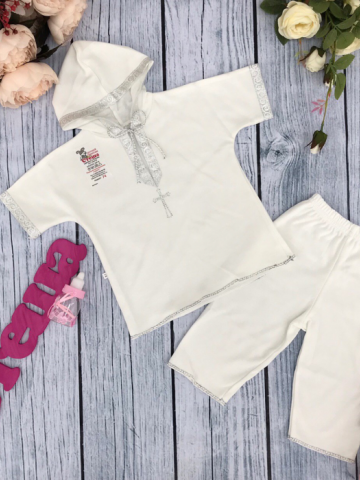 215-С. Крестильная рубашка со штанами (серебро), интерлок 62,68,74,80